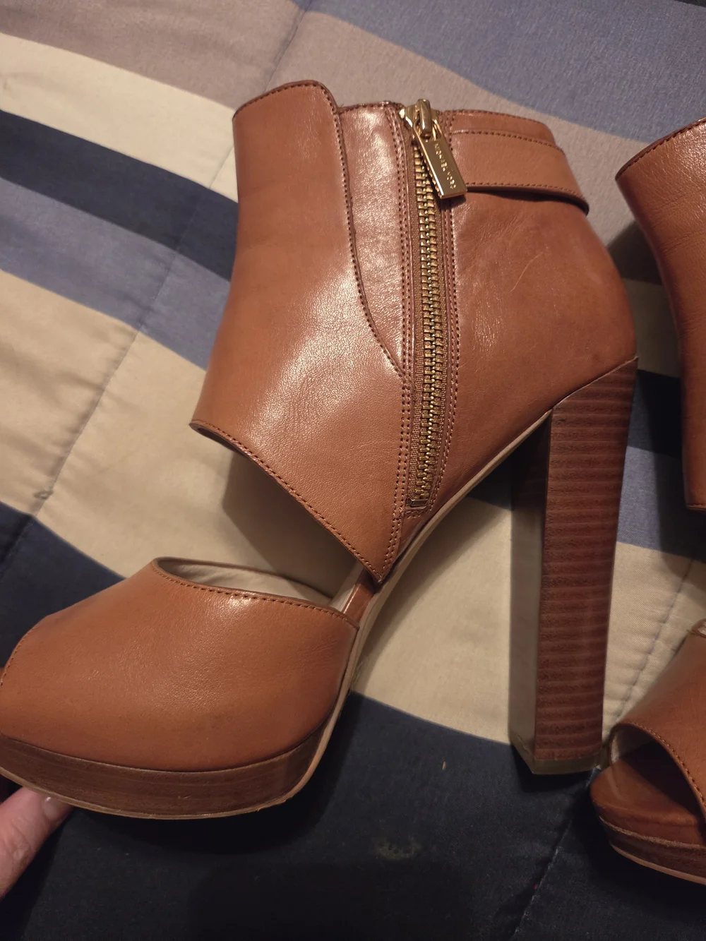 Michael Kors Cognac Peep-Toe Platform Ankle Boots with Gold Zipper